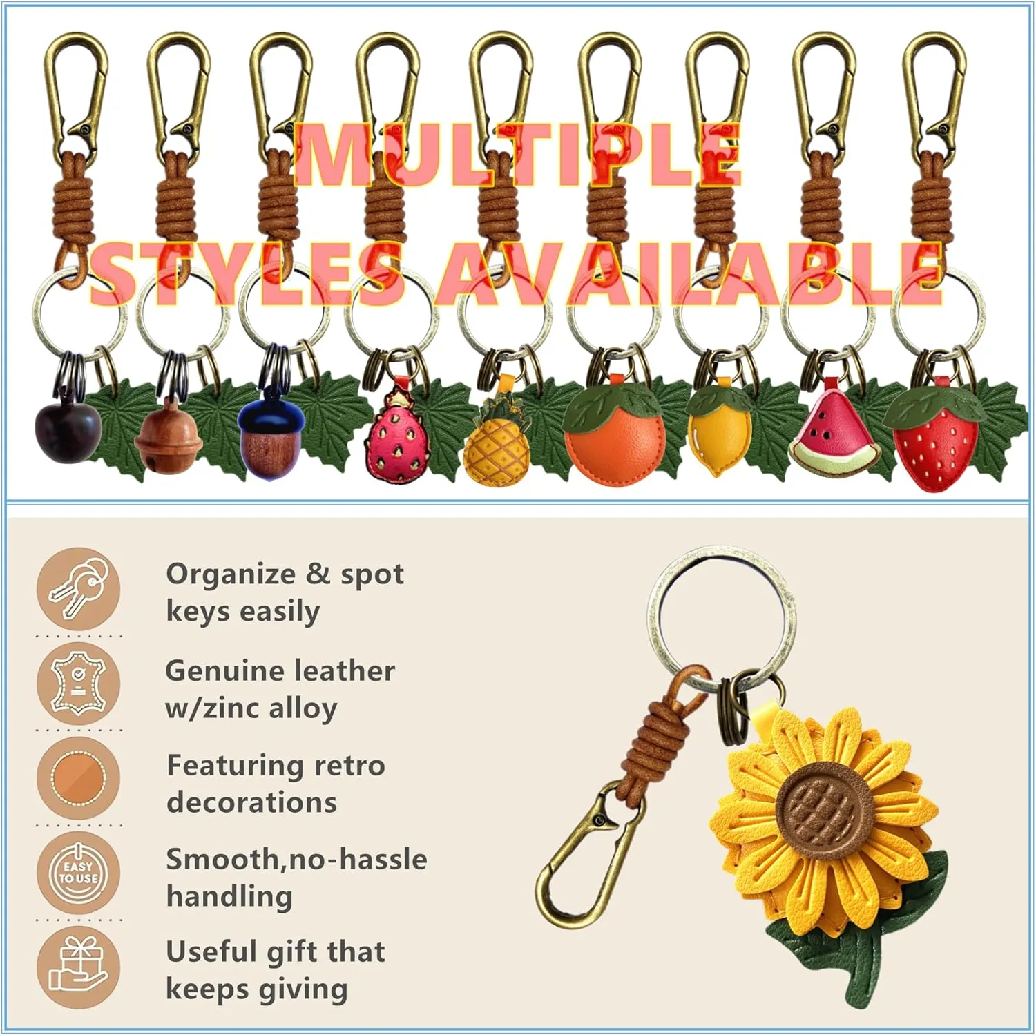 Leather Leaf Fruit Keychain Retro Accessories,Cute Keychains for Women Bag,Key Organizer,Charms,Purse Keyring Holder