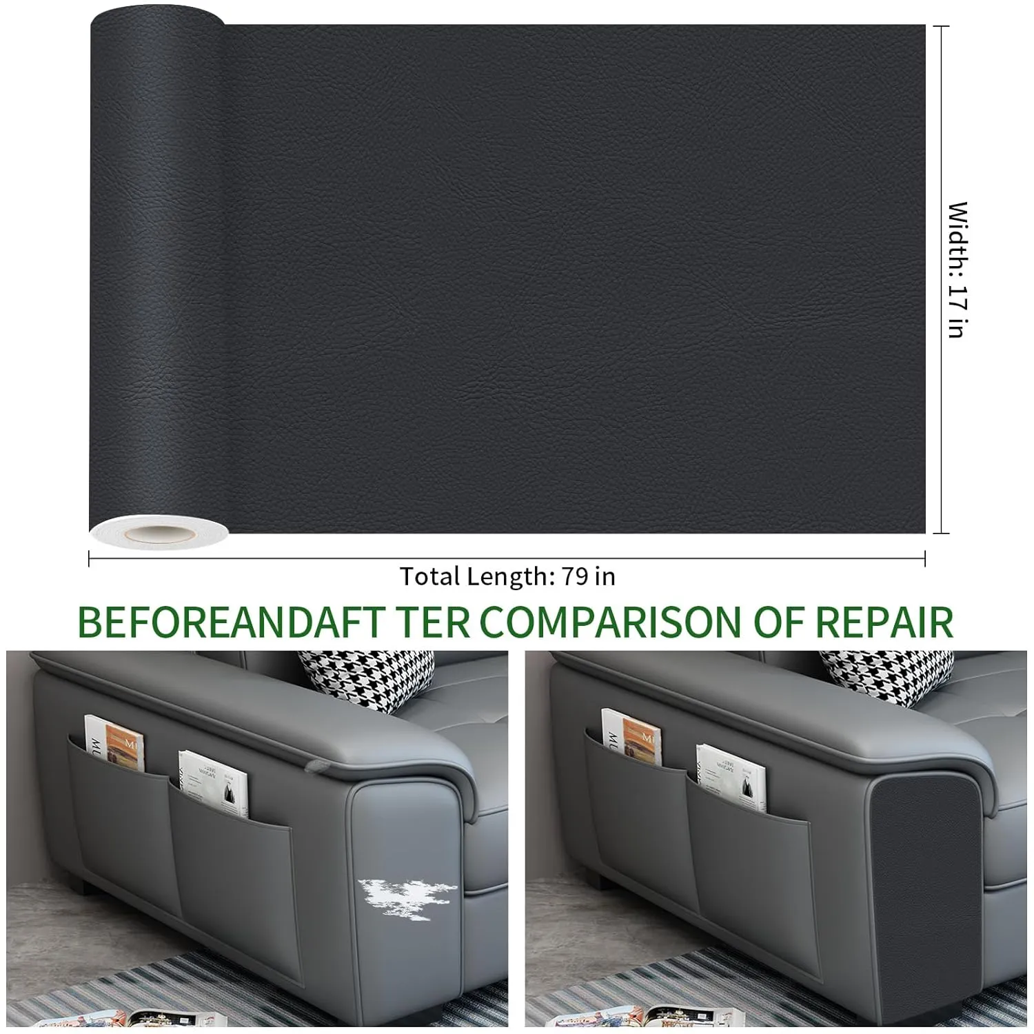 Leather Repair Patch 17X79 inch Large Self-Adhesive Leather Repair Tape Kit, Reupholster Leather Patches for Furniture Couch Chairs Car Seat (Black, 17x79 inch)
