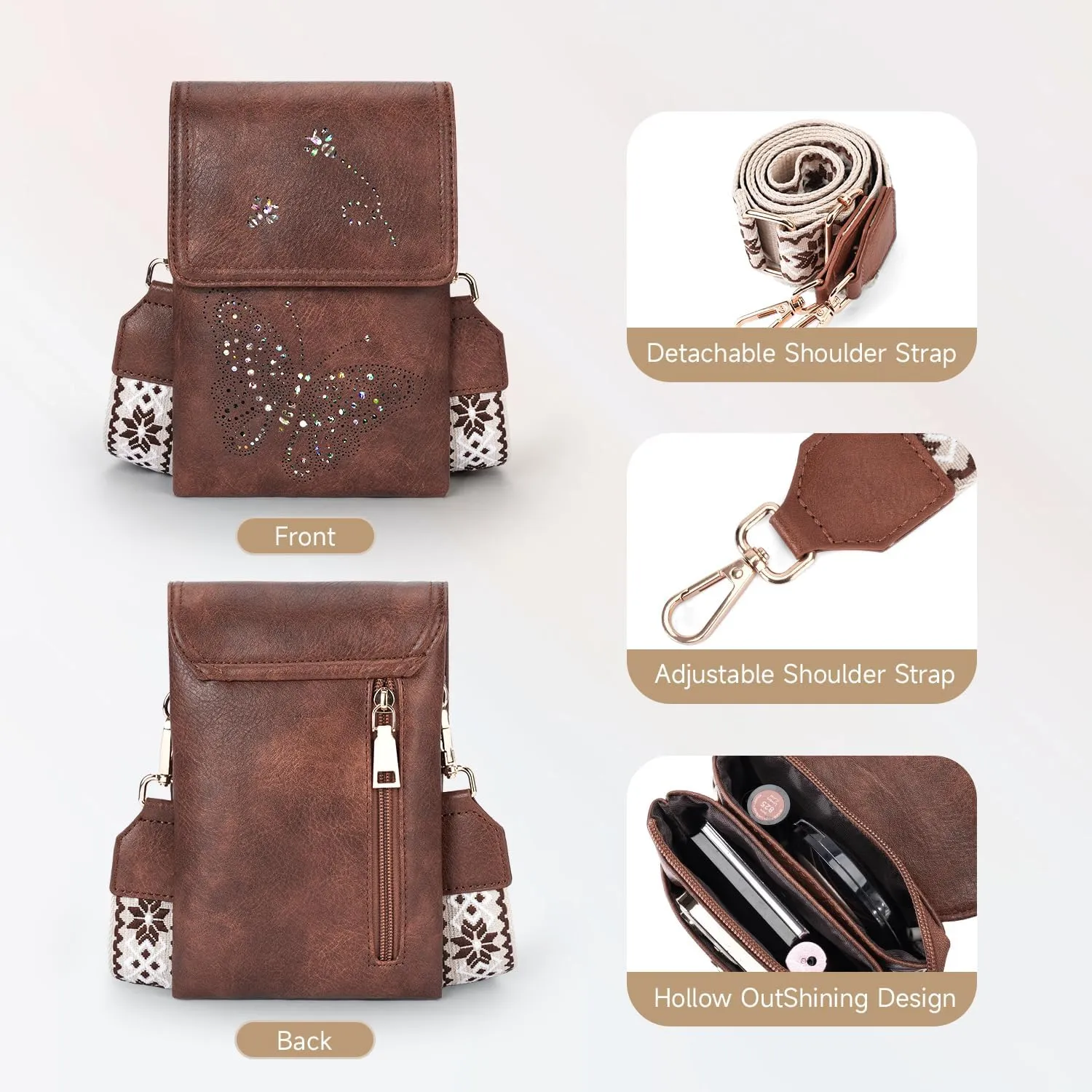 Leather Small Crossbody Bags for Women Trendy Cell Phone Bag Wallet Purses Butterfly Design