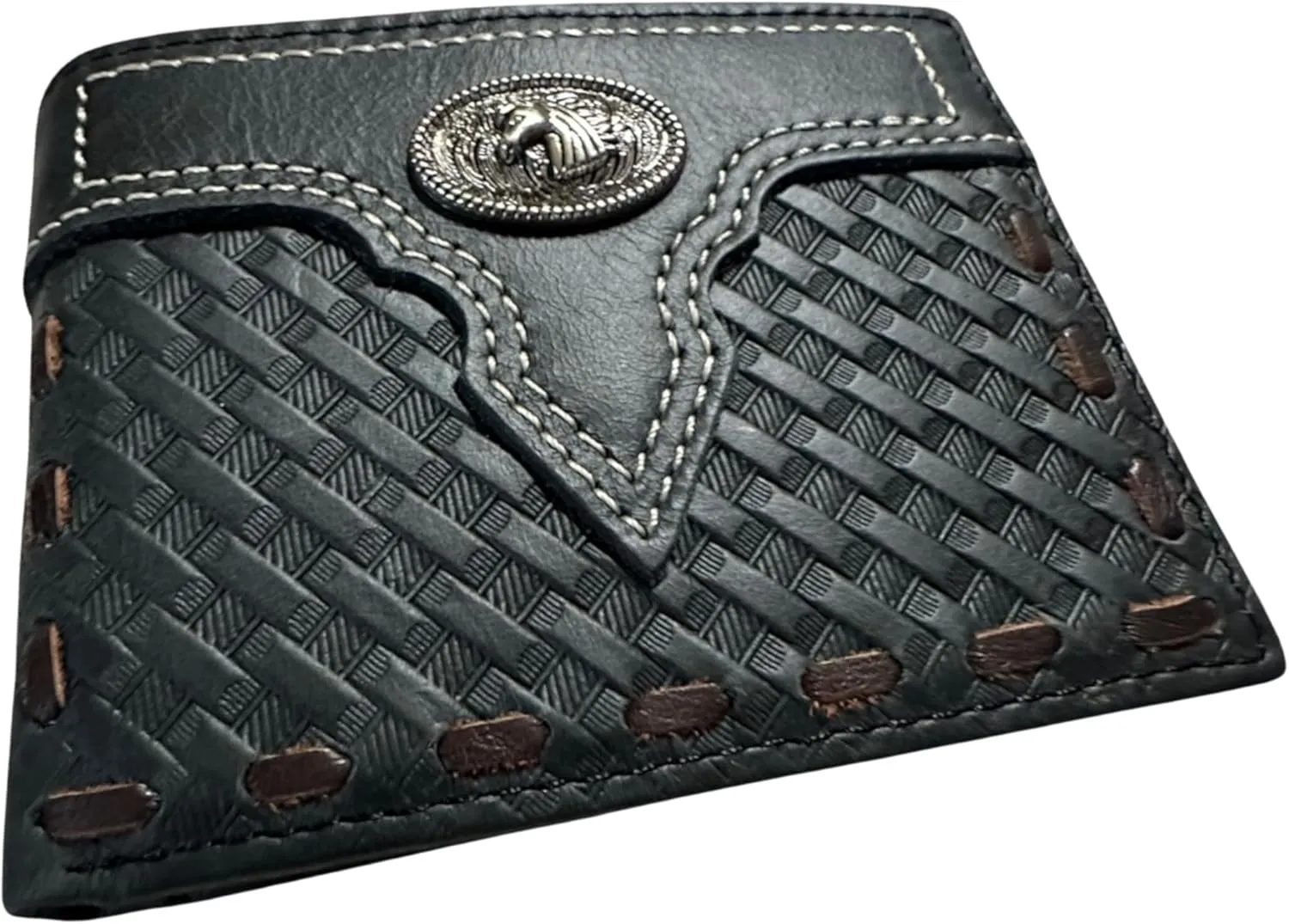 Leather Wallet Basketwave Cowboy Horses Stallion Concho Cowhide Stitched Bi Fold Checkbook Style Hand Crafted High End Smooth Leather Mens Wallets Leather Gifts For Men (Black)