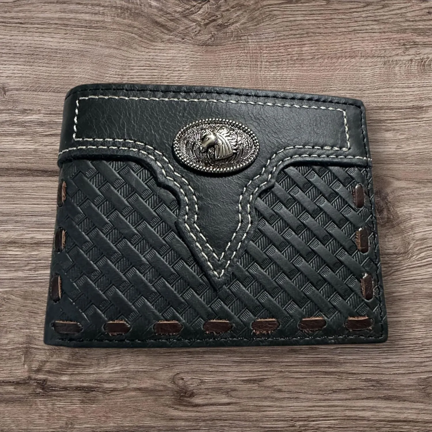 Leather Wallet Basketwave Cowboy Horses Stallion Concho Cowhide Stitched Bi Fold Checkbook Style Hand Crafted High End Smooth Leather Mens Wallets Leather Gifts For Men (Black)