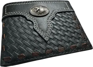 Leather Wallet Basketwave Cowboy Horses Stallion Concho Cowhide Stitched Bi Fold Checkbook Style Hand Crafted High End Smooth Leather Mens Wallets Leather Gifts For Men (Black)
