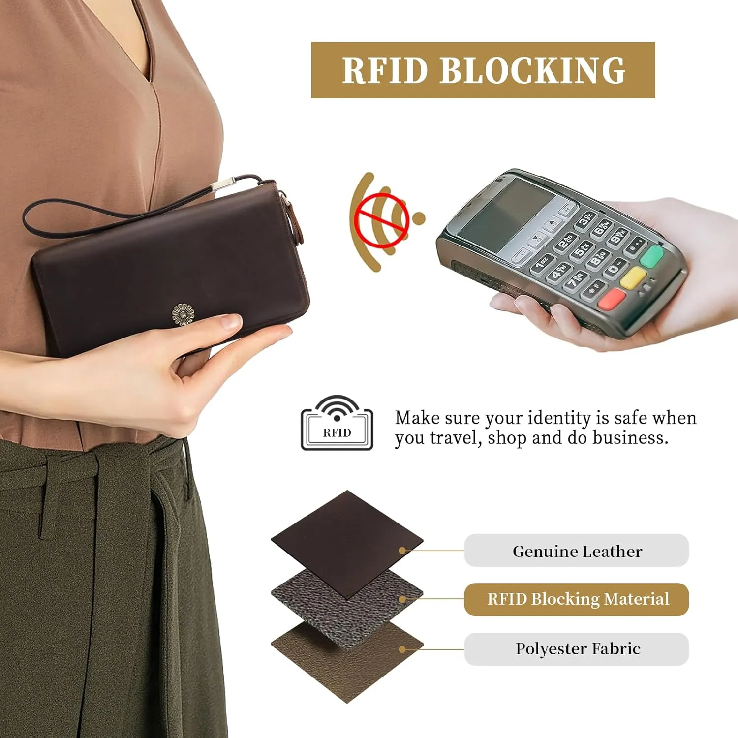 Leather Wallet For Women RFID Blocking Wallet Women Large Capacity Wristlet Clutch Wallets Credit Card Holder Purse