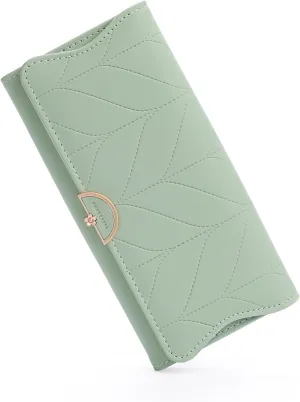 Leather Wallet for Women Trifold Womens' RFID Blocking Wallet Card Holder Purse Clutch with Zipper Coin Pocket,Light Green