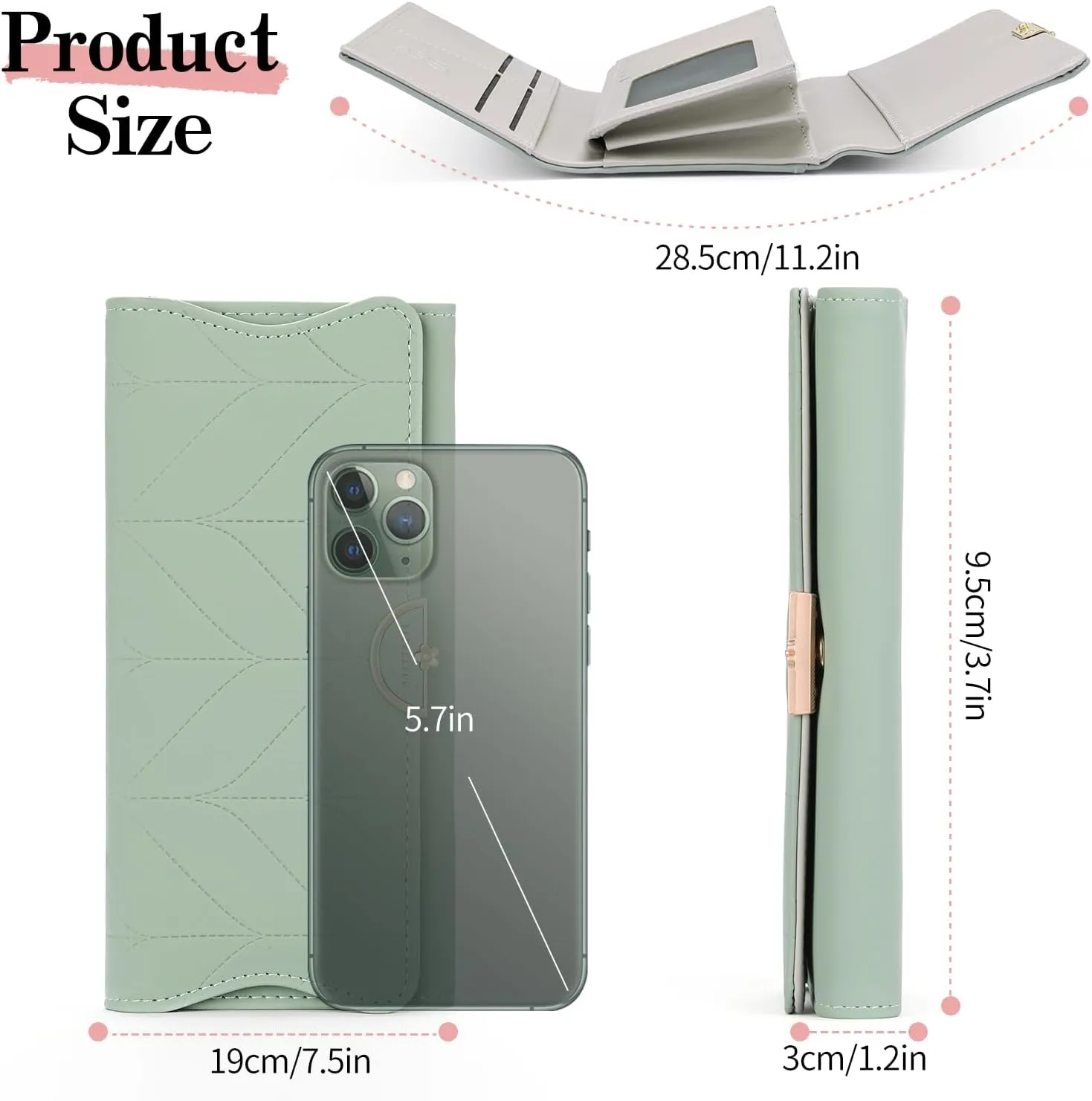 Leather Wallet for Women Trifold Womens' RFID Blocking Wallet Card Holder Purse Clutch with Zipper Coin Pocket,Light Green