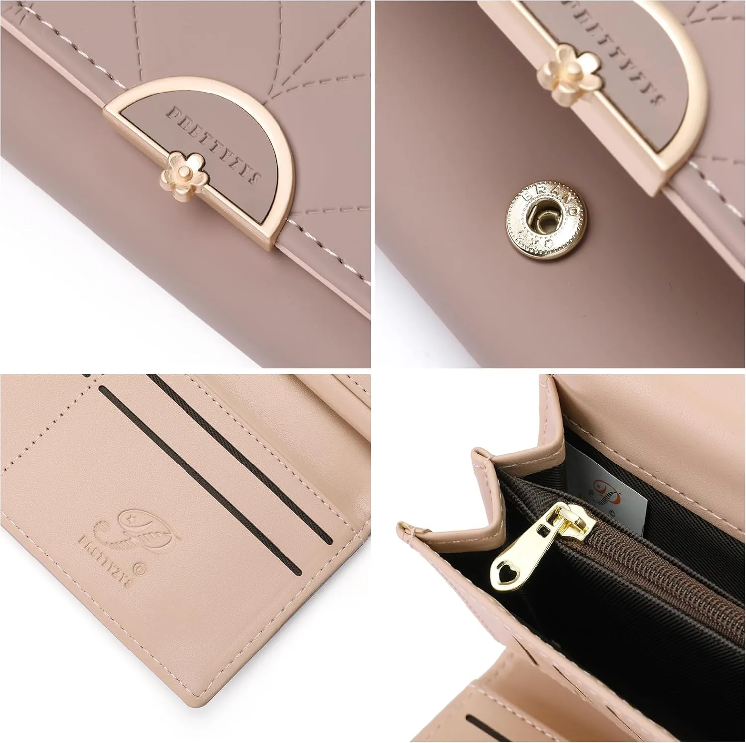 Leather Wallet for Women Trifold Womens' RFID Blocking Wallet Card Holder Purse Clutch with Zipper Coin Pocket,Soybean Sand