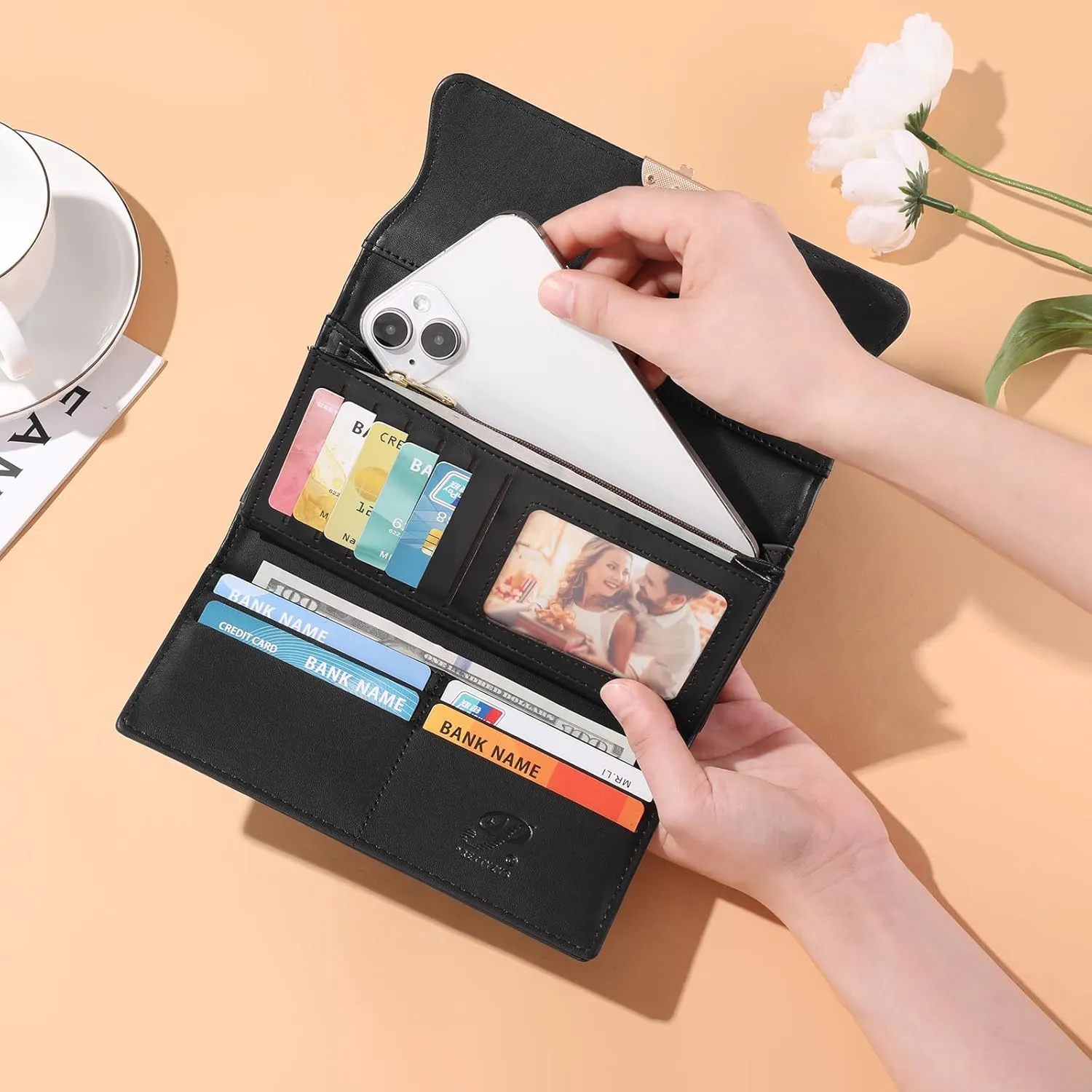 Leather Wallet for Women Trifold Womens' RFID Blocking Wallet Card Holder Purse Clutch with Zipper Coin Pocket,Soybean Sand