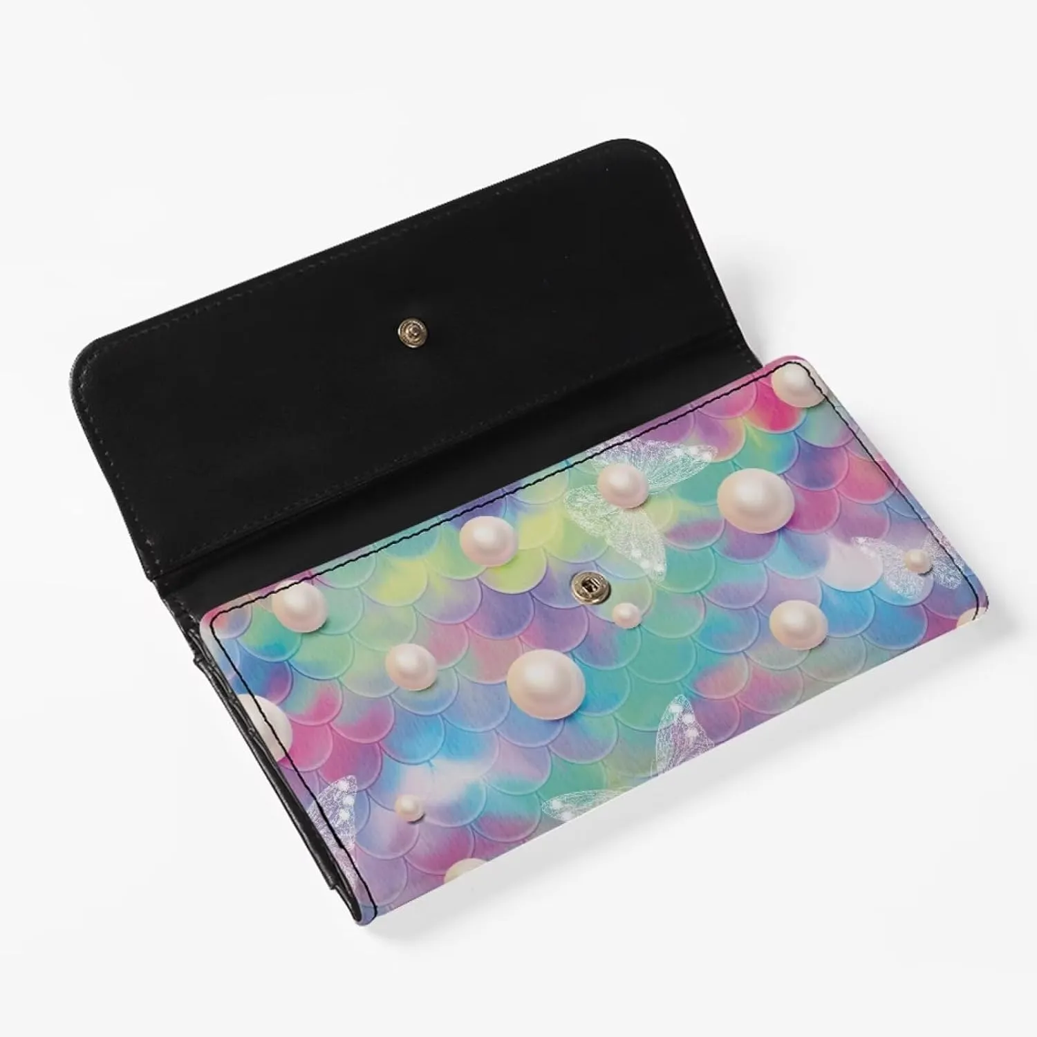 Leather Wallets for Women Clutch Card Slots Phone Holder Trifold Purses Womens Card Purse with Zipper Multifunctional Handbags RFID Blocking Checkbook Wallet Coloured Mermaid Scales 1