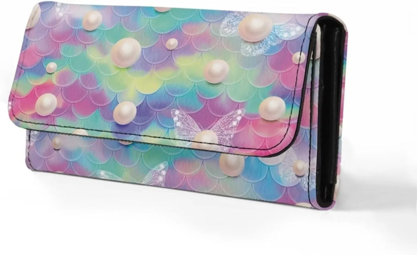 Leather Wallets for Women Clutch Card Slots Phone Holder Trifold Purses Womens Card Purse with Zipper Multifunctional Handbags RFID Blocking Checkbook Wallet Coloured Mermaid Scales 1