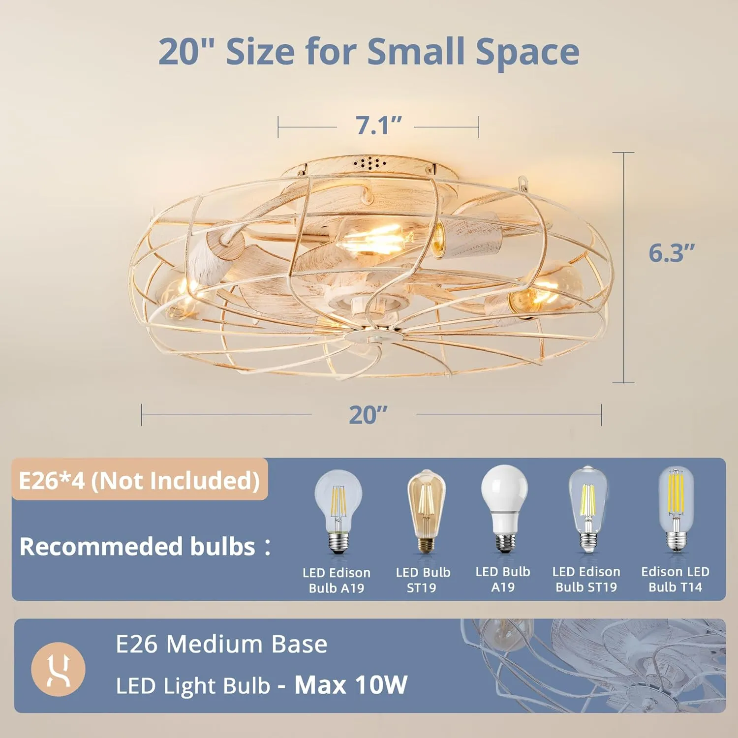 LEDIARY 20" Caged Ceiling Fans with Lights, White Flush Mount Low Profile Ceiling Fan with Remote, Small Modern Farmhouse Industrial Ceiling Fan with Light for Bedroom, Kitchen, Dining Room, Indoor