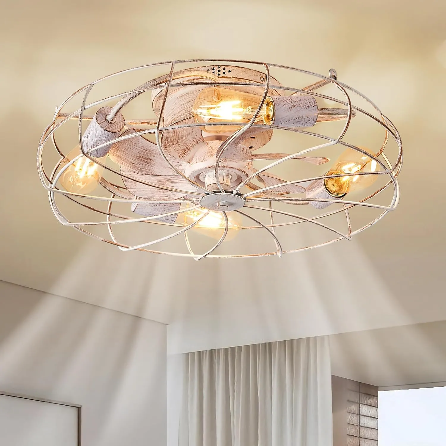 LEDIARY 20" Caged Ceiling Fans with Lights, White Flush Mount Low Profile Ceiling Fan with Remote, Small Modern Farmhouse Industrial Ceiling Fan with Light for Bedroom, Kitchen, Dining Room, Indoor
