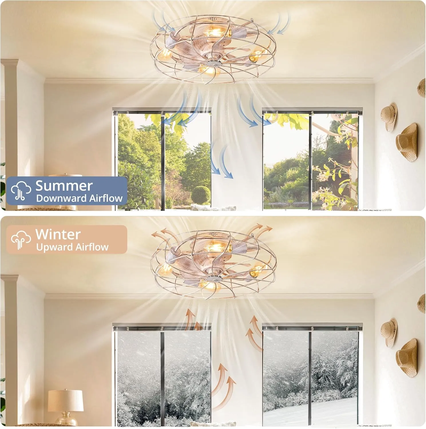 LEDIARY 20" Caged Ceiling Fans with Lights, White Flush Mount Low Profile Ceiling Fan with Remote, Small Modern Farmhouse Industrial Ceiling Fan with Light for Bedroom, Kitchen, Dining Room, Indoor