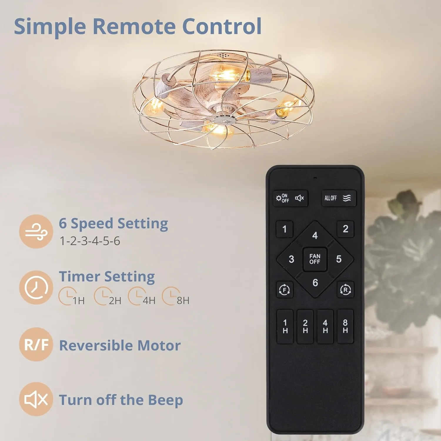 LEDIARY 20" Caged Ceiling Fans with Lights, White Flush Mount Low Profile Ceiling Fan with Remote, Small Modern Farmhouse Industrial Ceiling Fan with Light for Bedroom, Kitchen, Dining Room, Indoor