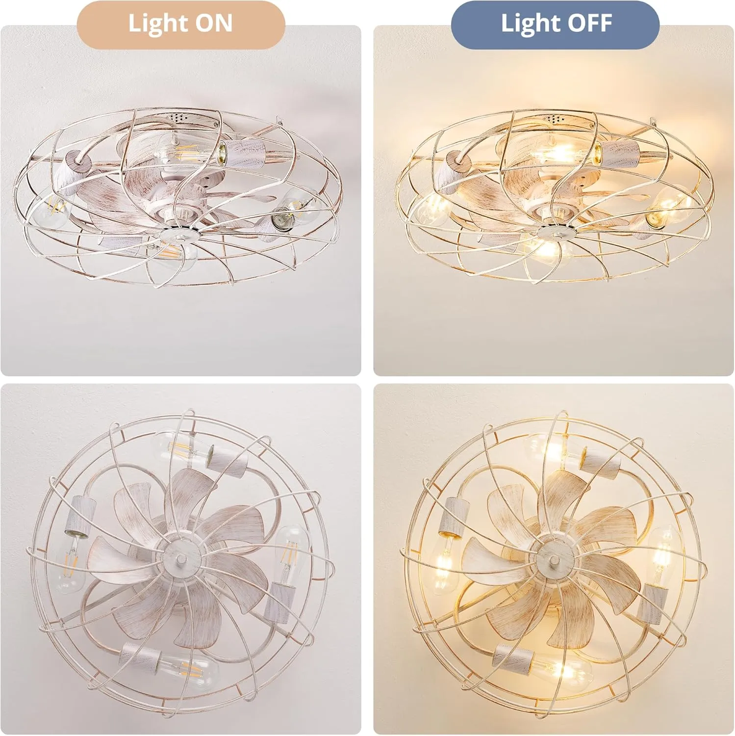 LEDIARY 20" Caged Ceiling Fans with Lights, White Flush Mount Low Profile Ceiling Fan with Remote, Small Modern Farmhouse Industrial Ceiling Fan with Light for Bedroom, Kitchen, Dining Room, Indoor