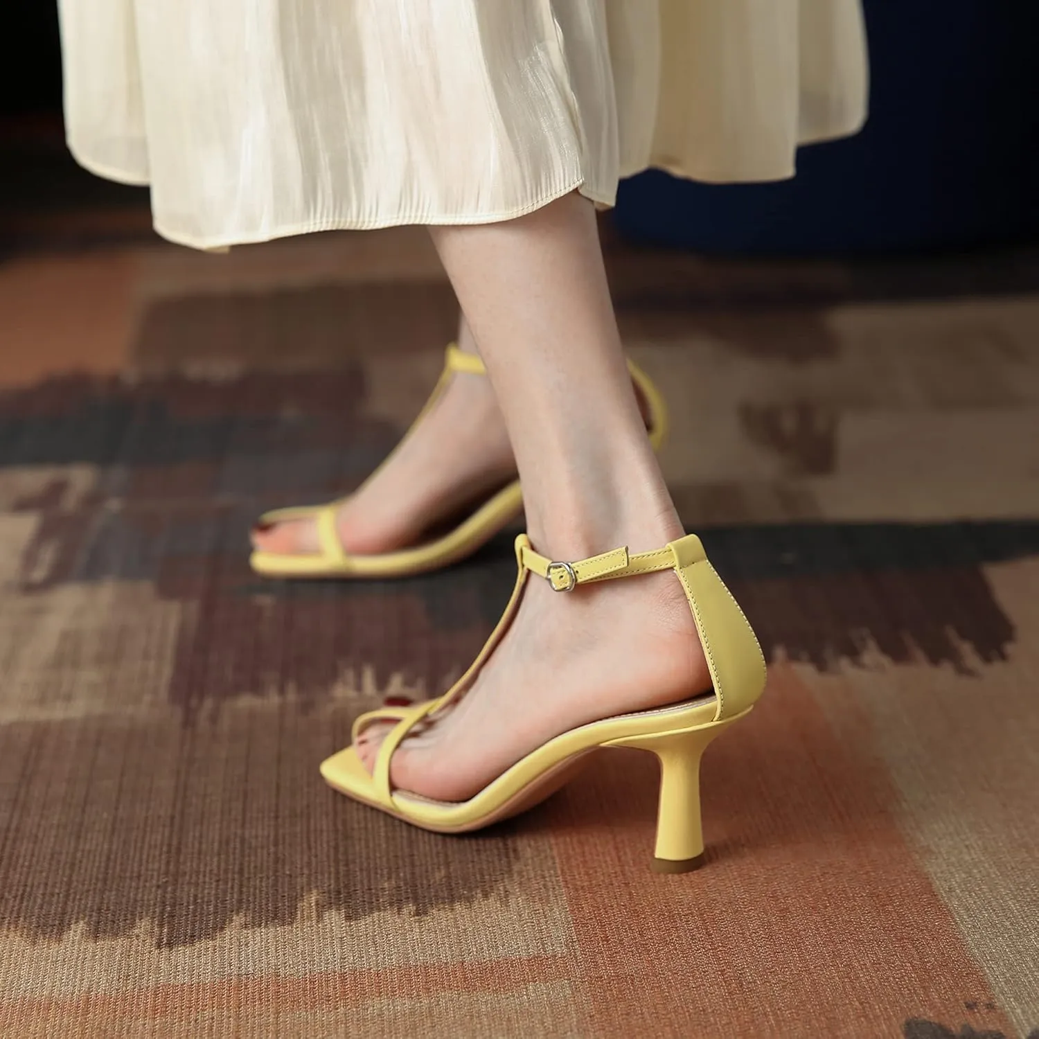 LEHOOR Women Stiletto Sandals One Band Ankle Buckle Strap Sandals Square Toe Matte Leather Elegant T-Strap 3 Inch Mid Heel Open Toe Summer Sexy Wedding Party Dress Shoes Size 4-11 M US