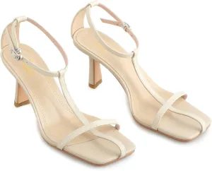 LEHOOR Women Stiletto Sandals One Band Ankle Buckle Strap Sandals Square Toe Matte Leather Elegant T-Strap 3 Inch Mid Heel Open Toe Summer Sexy Wedding Party Dress Shoes Size 4-11 M US