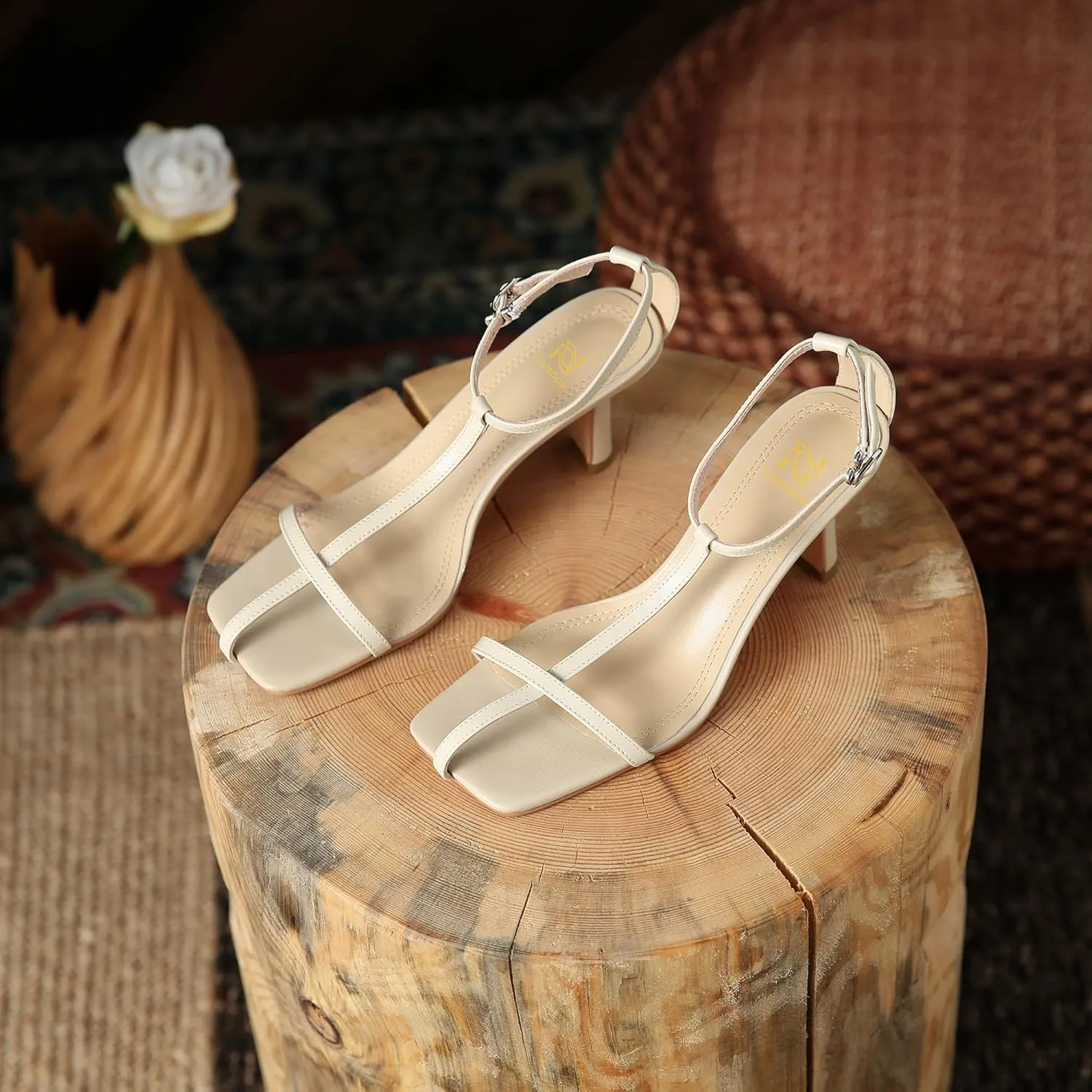 LEHOOR Women Stiletto Sandals One Band Ankle Buckle Strap Sandals Square Toe Matte Leather Elegant T-Strap 3 Inch Mid Heel Open Toe Summer Sexy Wedding Party Dress Shoes Size 4-11 M US