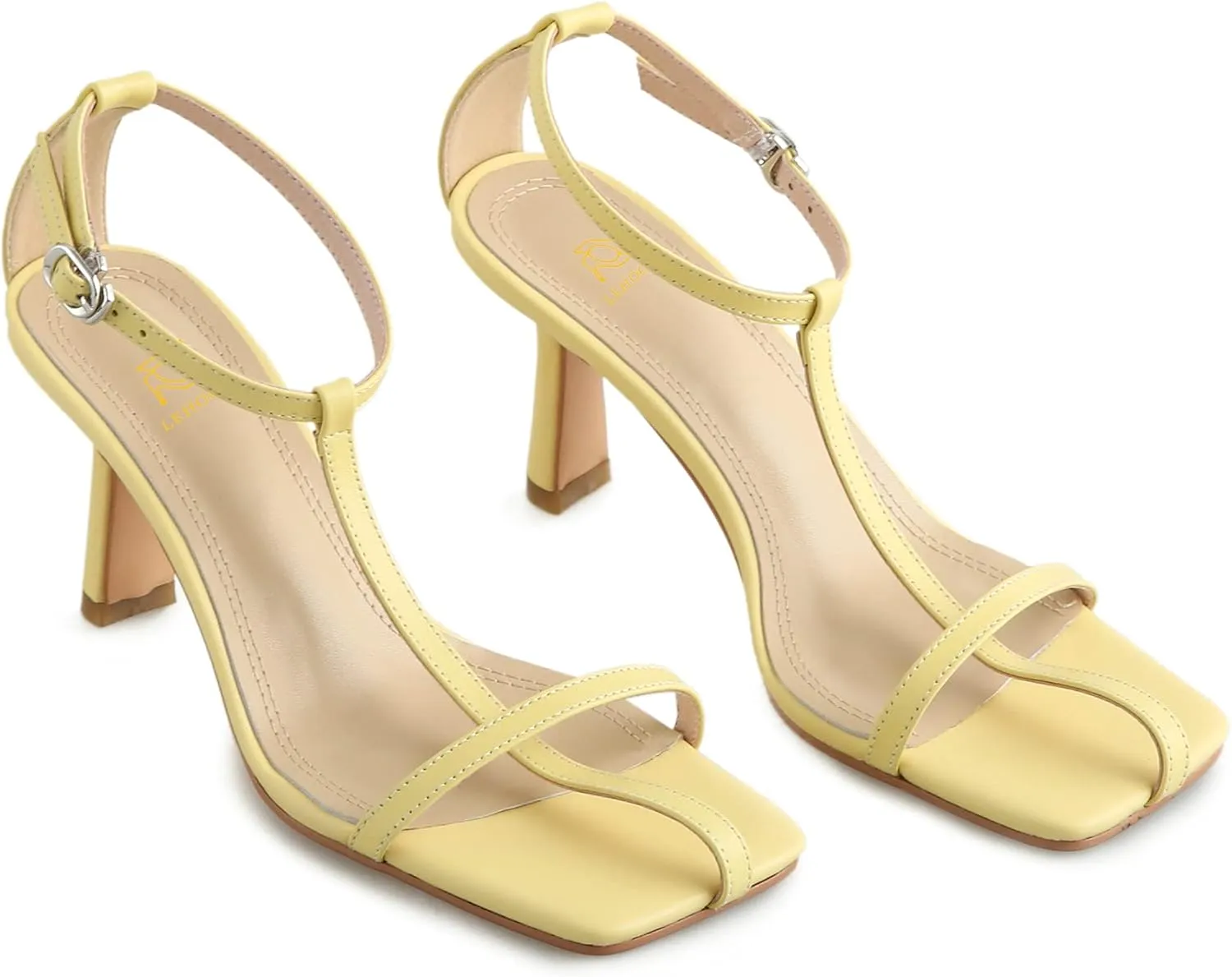 LEHOOR Women Stiletto Sandals One Band Ankle Buckle Strap Sandals Square Toe Matte Leather Elegant T-Strap 3 Inch Mid Heel Open Toe Summer Sexy Wedding Party Dress Shoes Size 4-11 M US