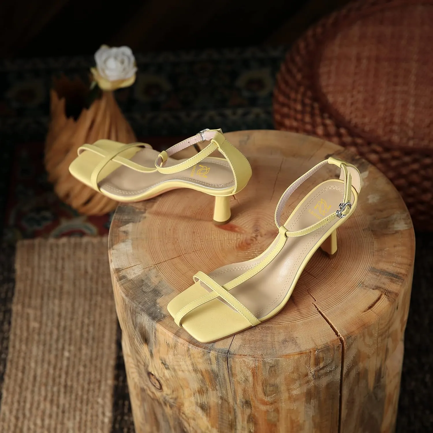 LEHOOR Women Stiletto Sandals One Band Ankle Buckle Strap Sandals Square Toe Matte Leather Elegant T-Strap 3 Inch Mid Heel Open Toe Summer Sexy Wedding Party Dress Shoes Size 4-11 M US