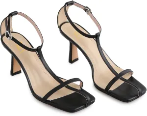 LEHOOR Women Stiletto Sandals One Band Ankle Buckle Strap Sandals Square Toe Matte Leather Elegant T-Strap 3 Inch Mid Heel Open Toe Summer Sexy Wedding Party Dress Shoes Size 4-11 M US
