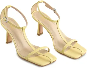 LEHOOR Women Stiletto Sandals One Band Ankle Buckle Strap Sandals Square Toe Matte Leather Elegant T-Strap 3 Inch Mid Heel Open Toe Summer Sexy Wedding Party Dress Shoes Size 4-11 M US