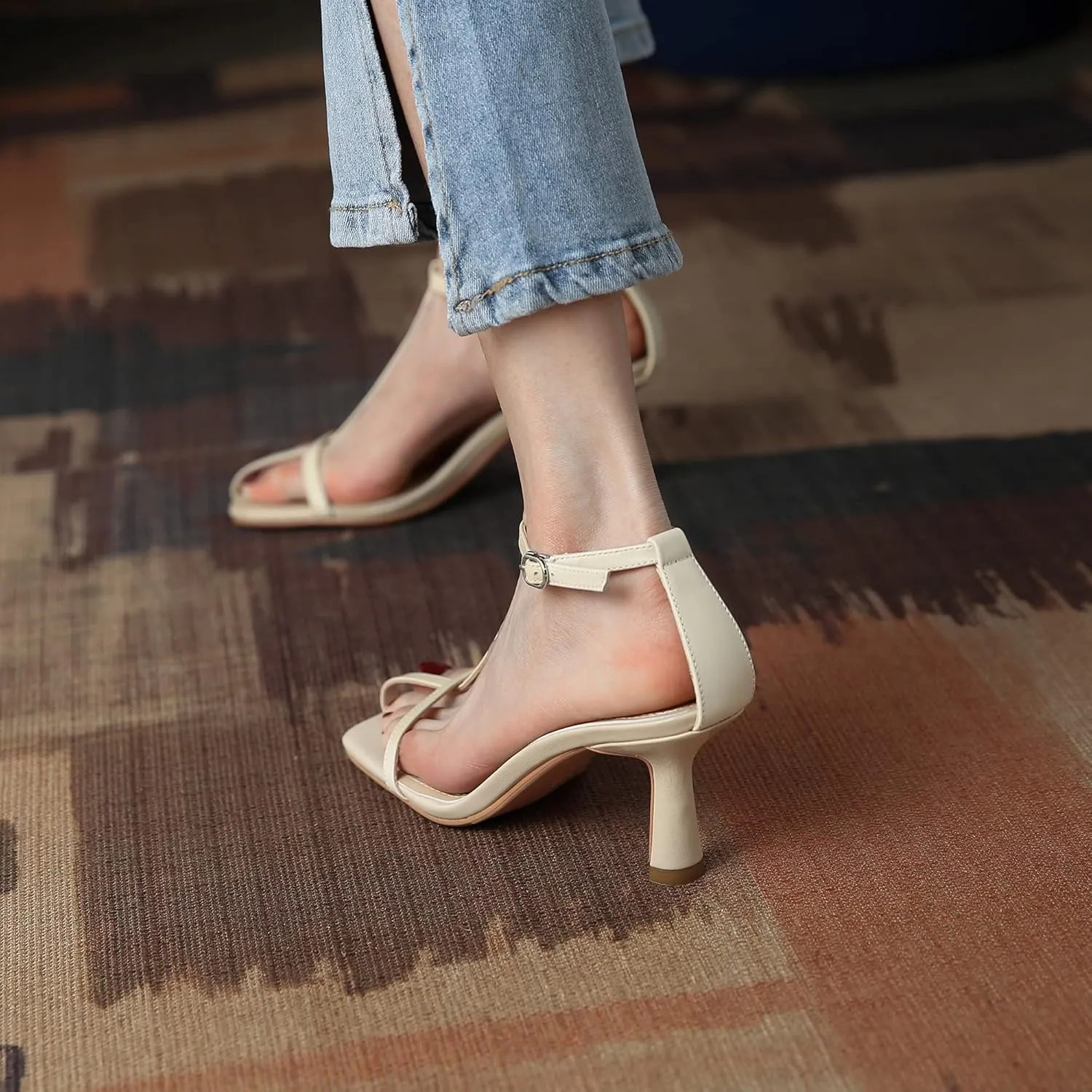 LEHOOR Women Stiletto Sandals One Band Ankle Buckle Strap Sandals Square Toe Matte Leather Elegant T-Strap 3 Inch Mid Heel Open Toe Summer Sexy Wedding Party Dress Shoes Size 4-11 M US