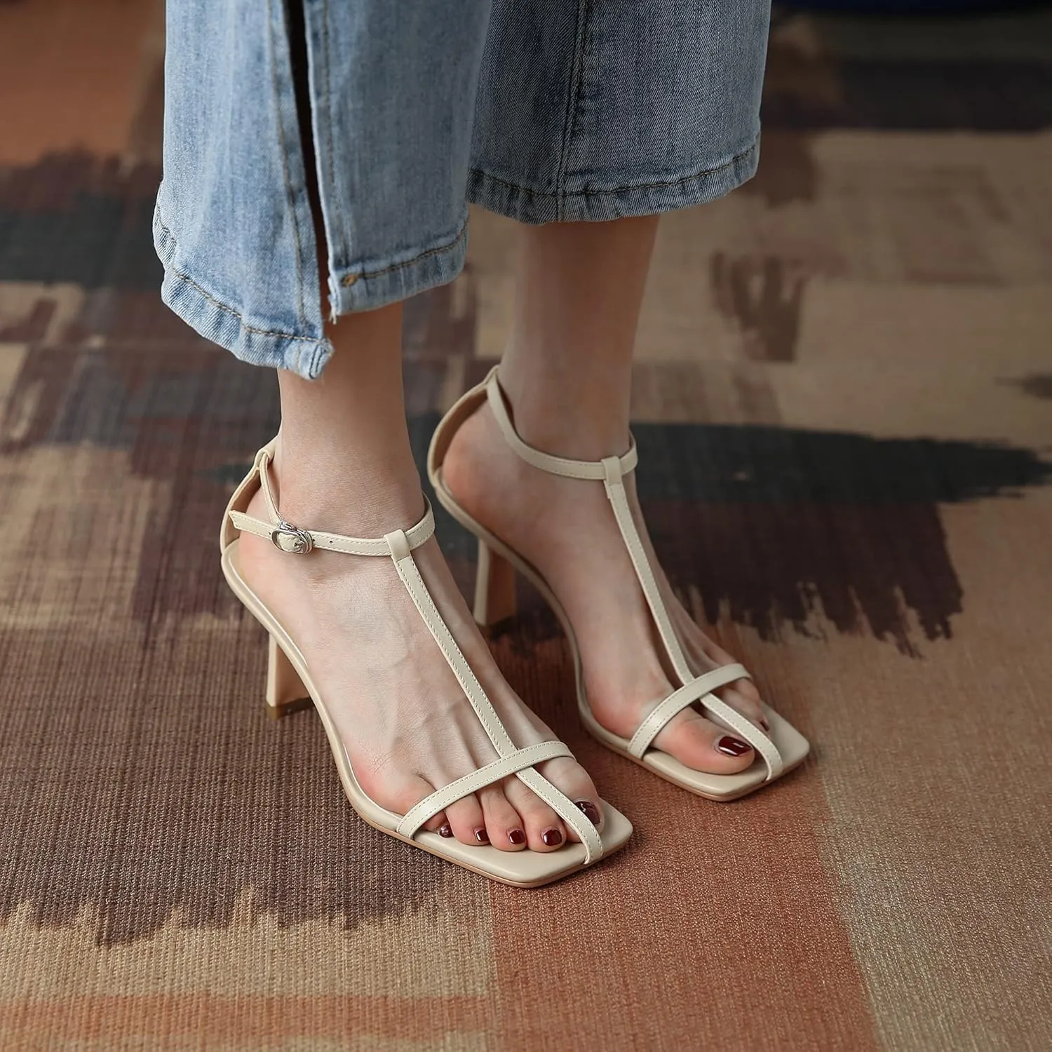 LEHOOR Women Stiletto Sandals One Band Ankle Buckle Strap Sandals Square Toe Matte Leather Elegant T-Strap 3 Inch Mid Heel Open Toe Summer Sexy Wedding Party Dress Shoes Size 4-11 M US