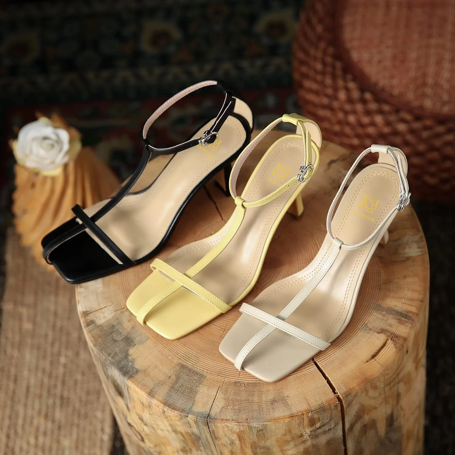LEHOOR Women Stiletto Sandals One Band Ankle Buckle Strap Sandals Square Toe Matte Leather Elegant T-Strap 3 Inch Mid Heel Open Toe Summer Sexy Wedding Party Dress Shoes Size 4-11 M US