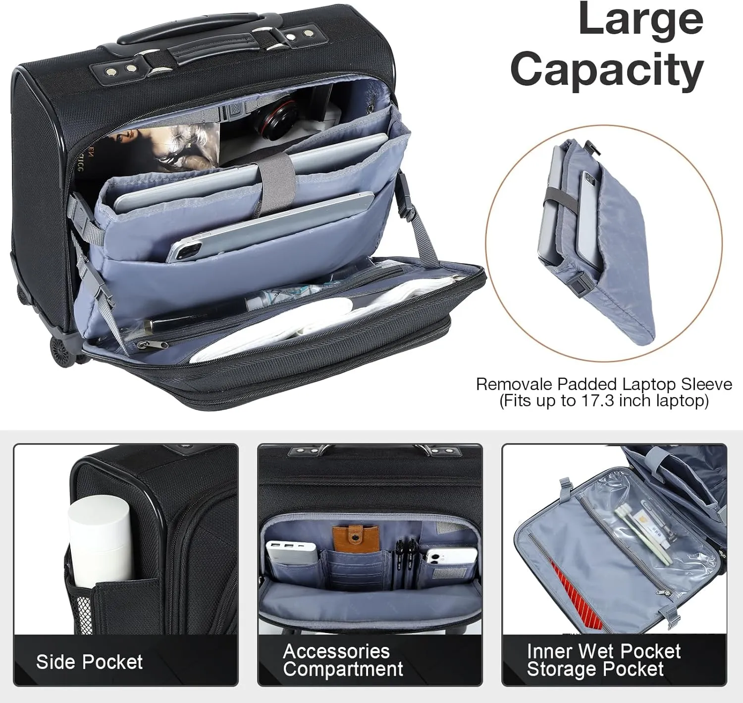 Lekebobor Rolling Laptop Bag Rolling Laptop Briefcase on Wheels for Women Fits Up to 17.3Inch computer Bags Water Resistant for Work Travel and Business, Black