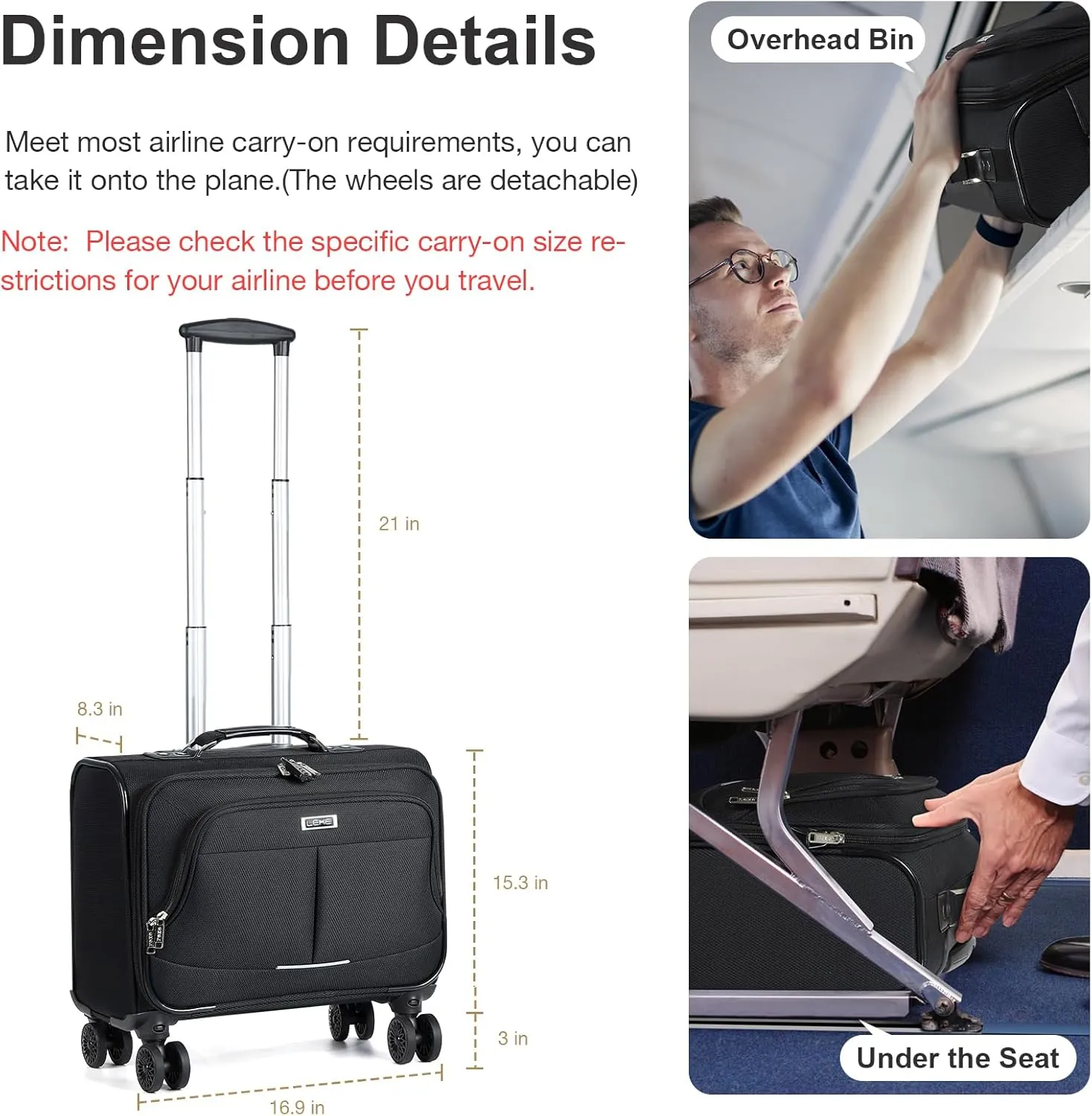 Lekebobor Rolling Laptop Bag Rolling Laptop Briefcase on Wheels for Women Fits Up to 17.3Inch computer Bags Water Resistant for Work Travel and Business, Black