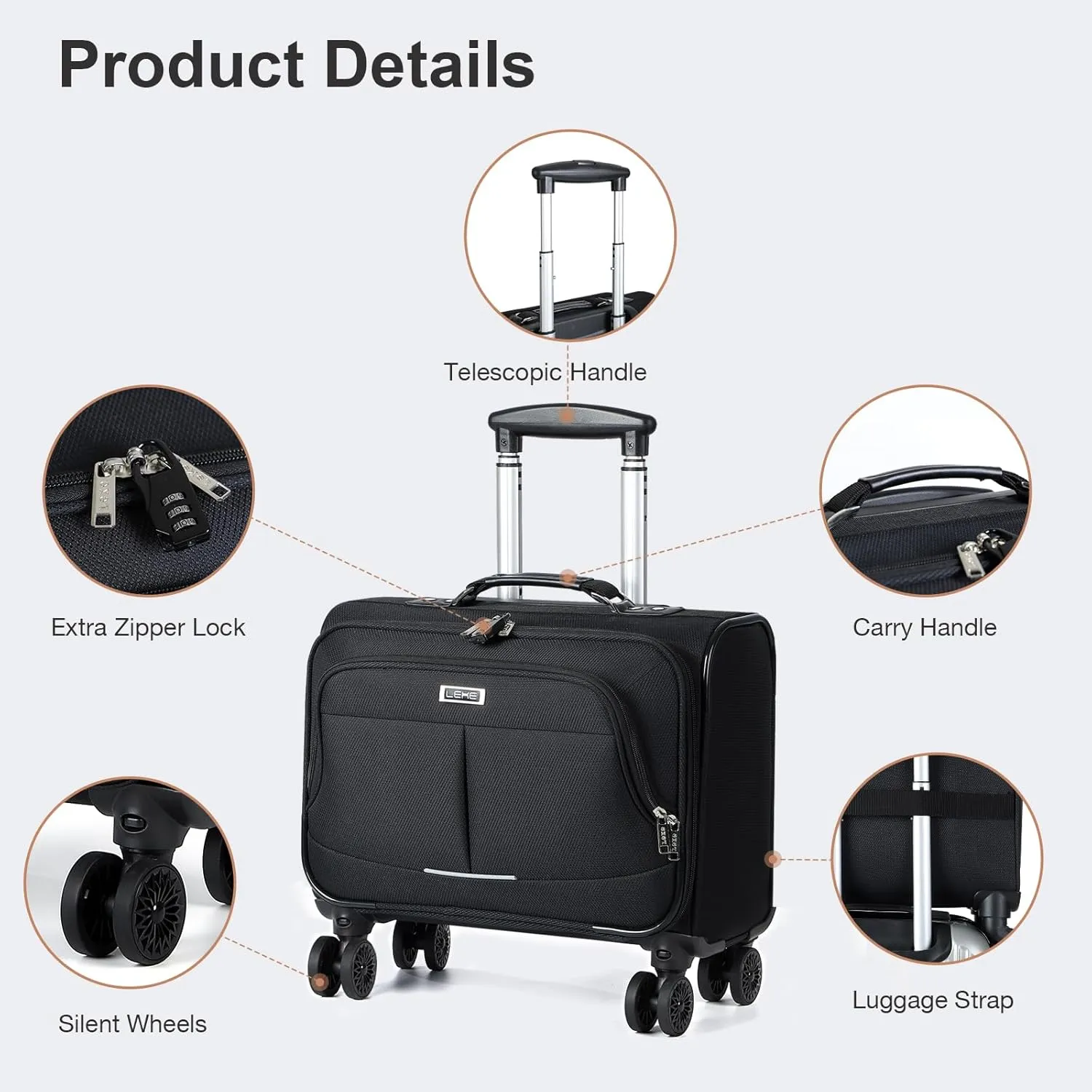 Lekebobor Rolling Laptop Bag With a Compact Combination Lock，Rolling Laptop Briefcase on Wheels for Women/Men Fits Up to 15.6Inch computer Bags Water Resistant for Work Travel and Business, Black