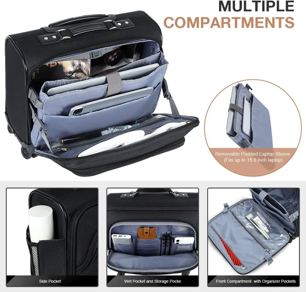 Lekebobor Rolling Laptop Bag With a Compact Combination Lock，Rolling Laptop Briefcase on Wheels for Women/Men Fits Up to 15.6Inch computer Bags Water Resistant for Work Travel and Business, Black