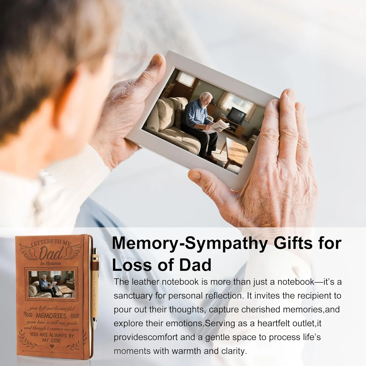 Letters to My Dad in Heaven, Sympathy Memorial Gifts-Leather Grief Journal A5 Notebook and Angel Pocket Hug Keychain, Travel Photo Journal With Pen