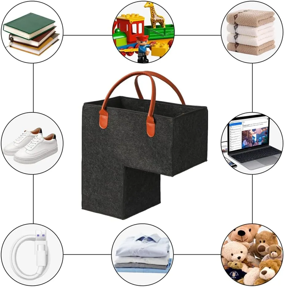 Levier Foldable Stair Step Basket with Leather Handle - Durable for Toys, Clothes, Books, Computers (Dark Grey)