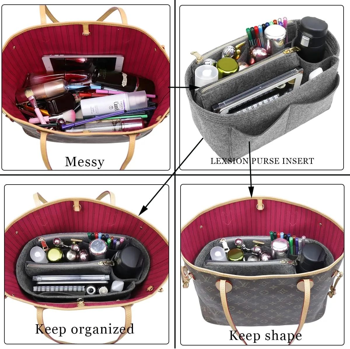 LEXSION Felt Purse Bag Organizer Insert with zipper Bag Tote Shaper Fit Speedy Neverful PM MM