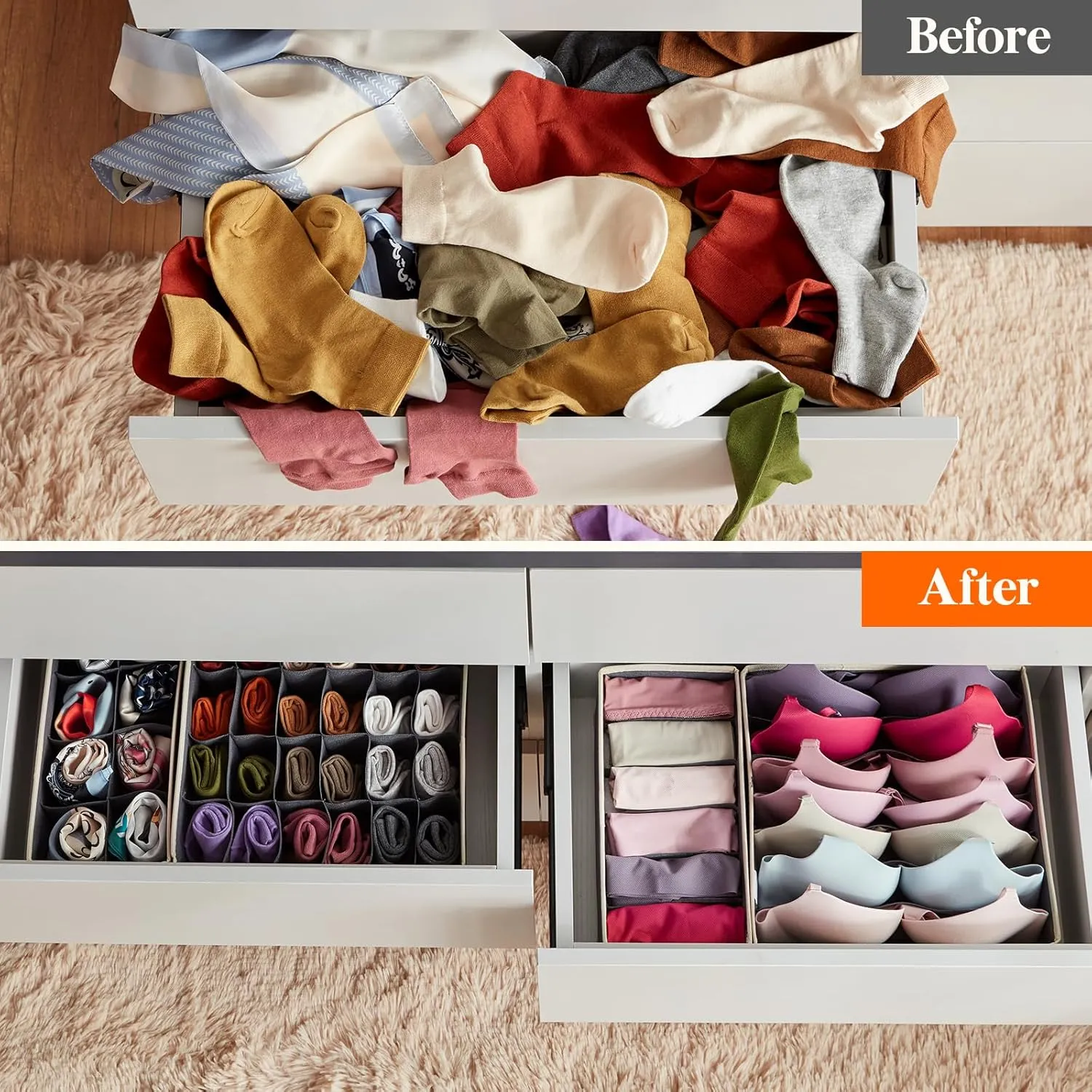 Lifewit Closet Underwear Drawer Organizer Divider, 12 Pieces Fabric Foldable Dresser Organizers and Storage Bins for Storing Lingerie, Bra, Undies, Gray