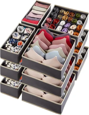 Lifewit Closet Underwear Drawer Organizer Divider, 12 Pieces Fabric Foldable Dresser Organizers and Storage Bins for Storing Lingerie, Bra, Undies, Gray