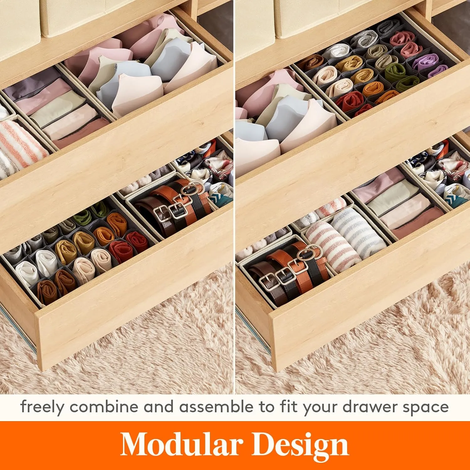 Lifewit Closet Underwear Drawer Organizer Divider, 12 Pieces Fabric Foldable Dresser Organizers and Storage Bins for Storing Lingerie, Bra, Undies, Gray