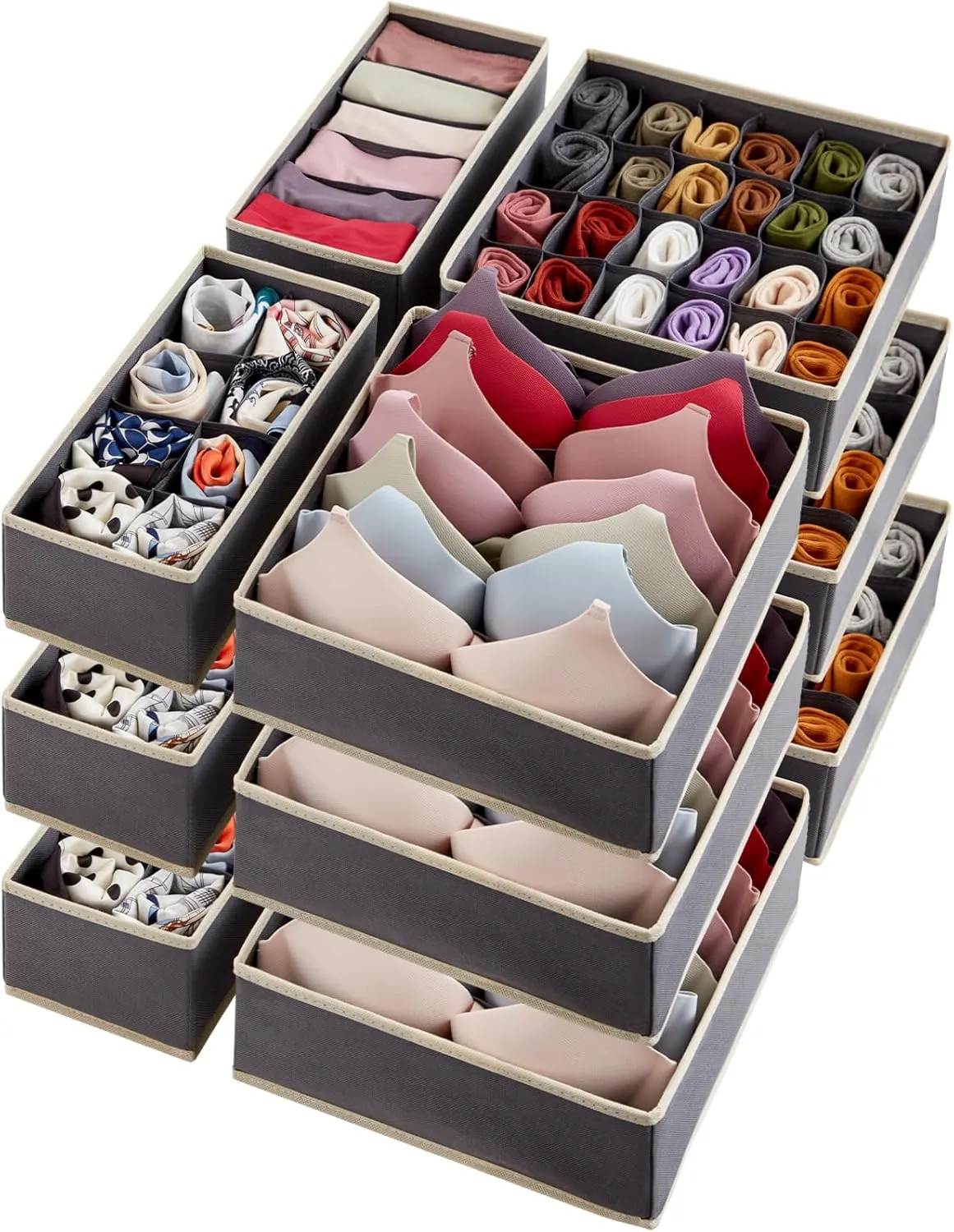 Lifewit Closet Underwear Drawer Organizer Divider, 12 Pieces Fabric Foldable Dresser Organizers and Storage Bins for Storing Lingerie, Bra, Undies, Gray