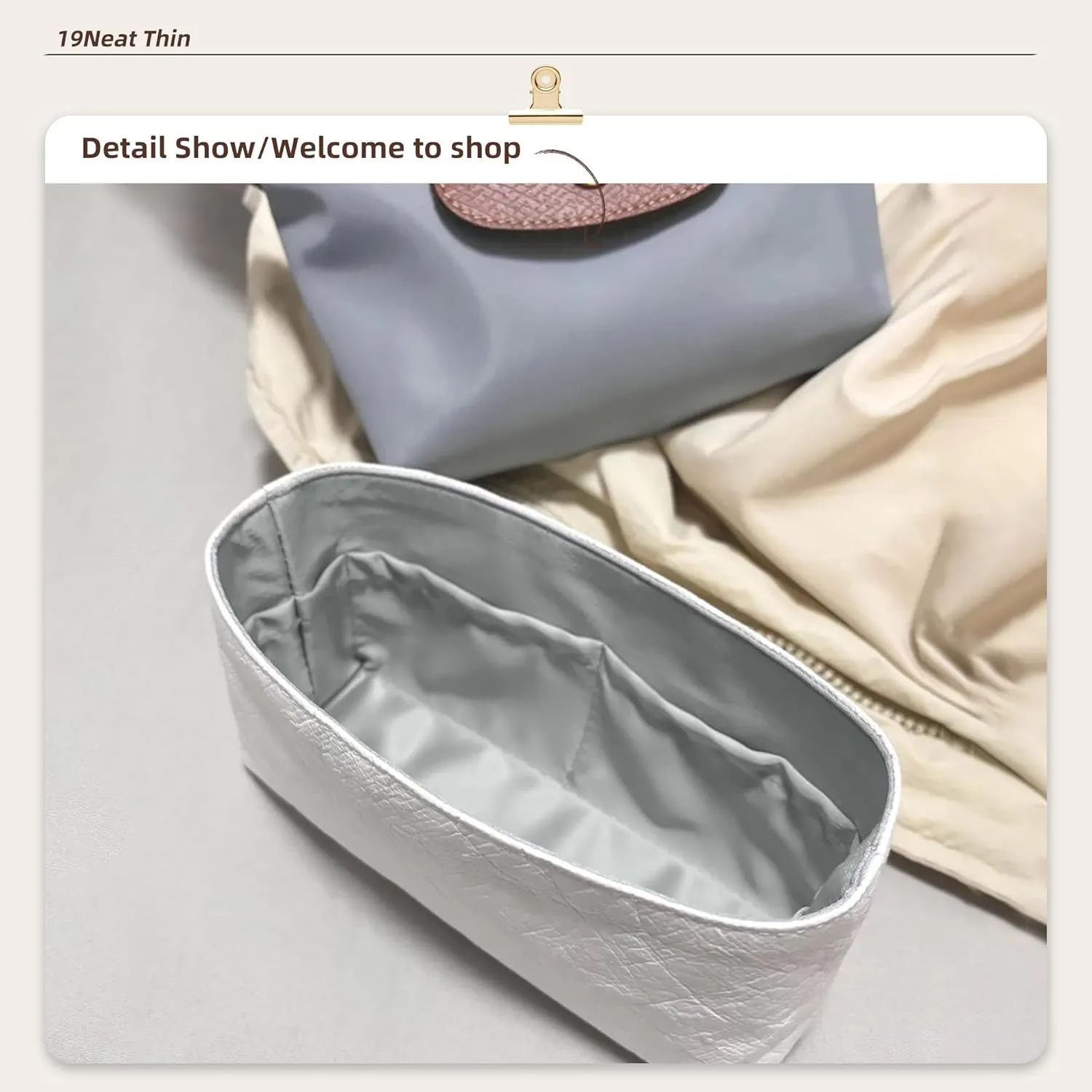 Lightweight Purse Insert Compatible with Long-champ Le Pliage Mini Handbag, Waterproof Dupontpaper Surface and Silky Satin Lining (Mini, Peral Grey)