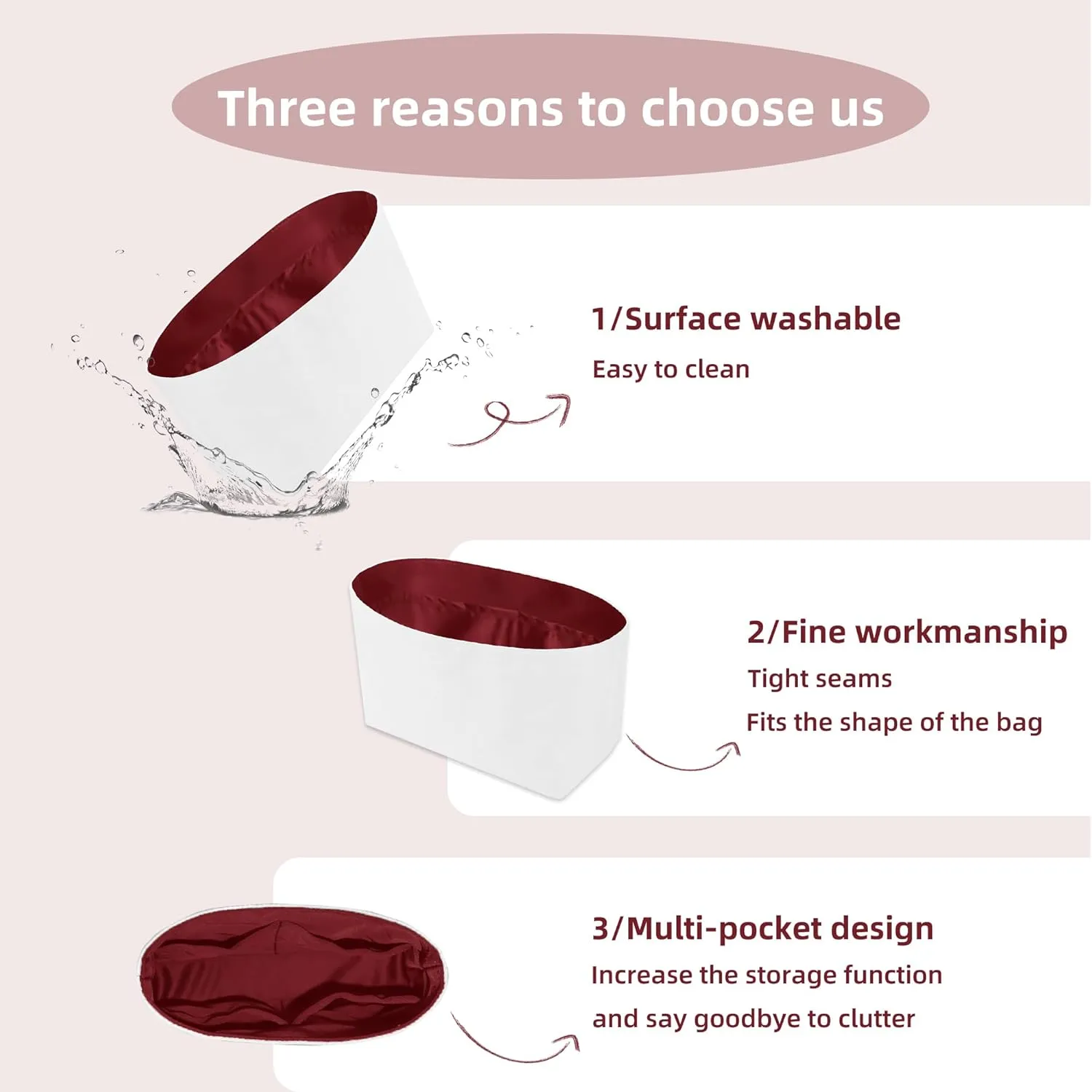 Lightweight Purse Insert Compatible with Long-champ Le Pliage Mini Handbag, Waterproof Dupontpaper Surface and Silky Satin Lining (Mini, Ruby)