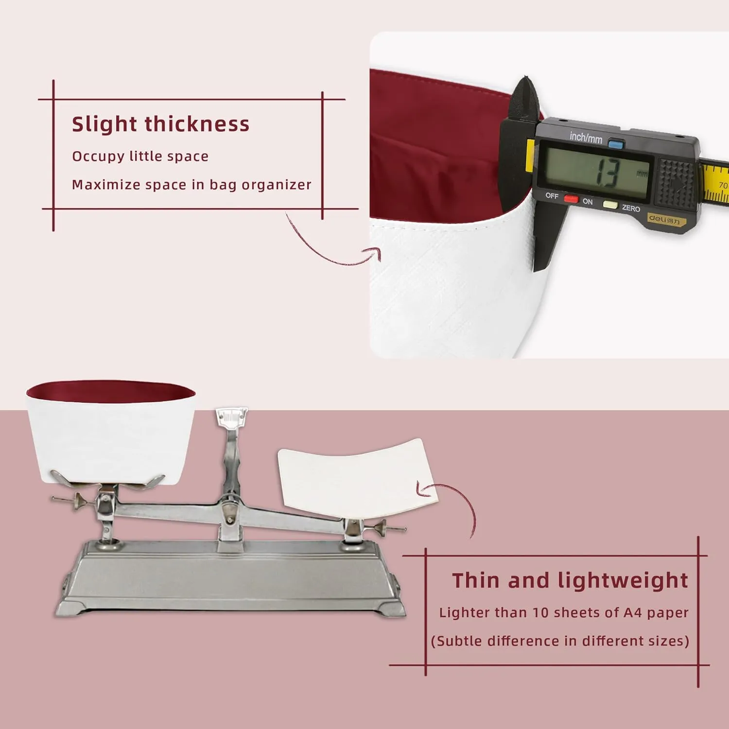Lightweight Purse Insert Compatible with Long-champ Le Pliage Mini Handbag, Waterproof Dupontpaper Surface and Silky Satin Lining (Mini, Ruby)