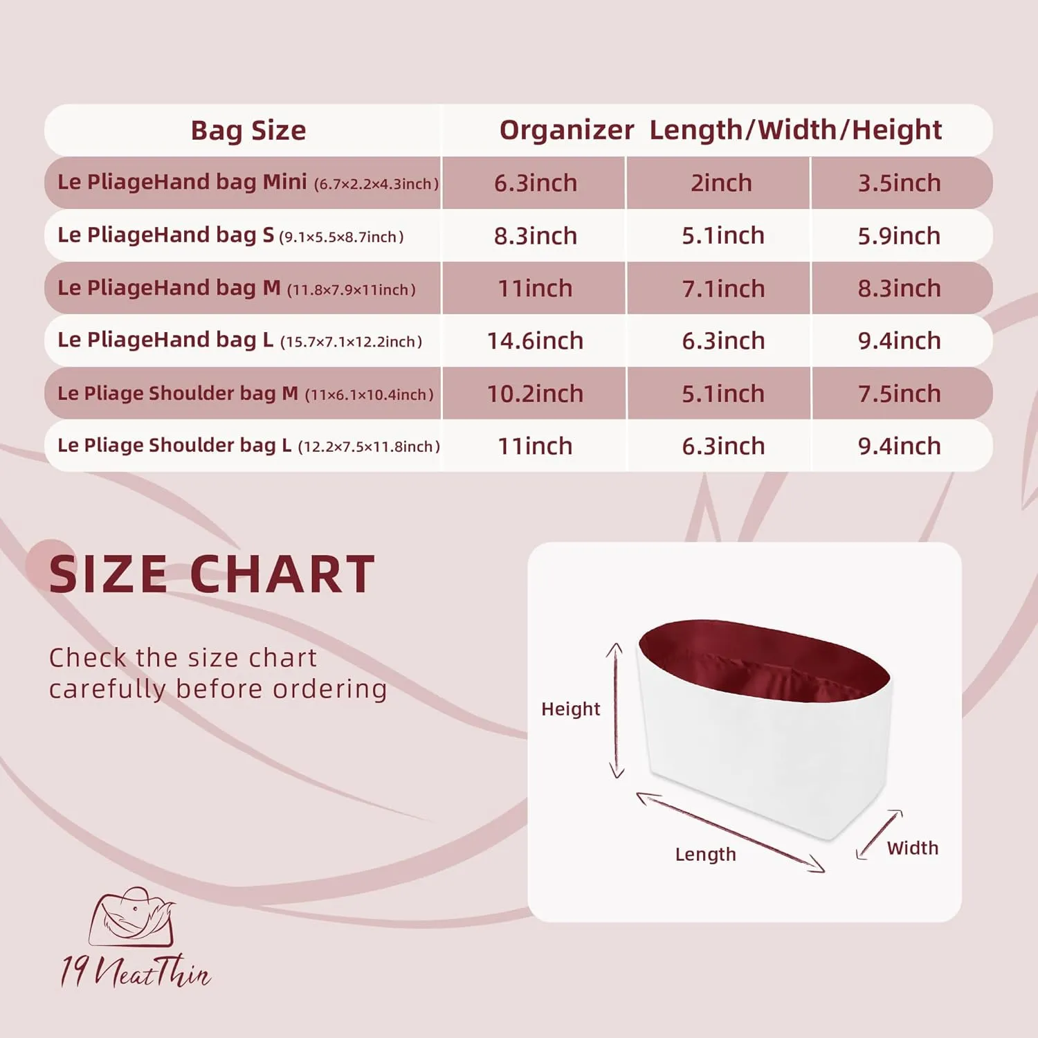 Lightweight Purse Insert Compatible with Long-champ Le Pliage Mini Handbag, Waterproof Dupontpaper Surface and Silky Satin Lining (Mini, Ruby)