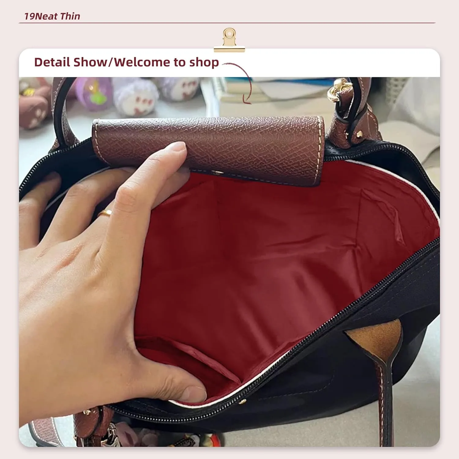 Lightweight Purse Insert Compatible with Long-champ Le Pliage Mini Handbag, Waterproof Dupontpaper Surface and Silky Satin Lining (Mini, Ruby)