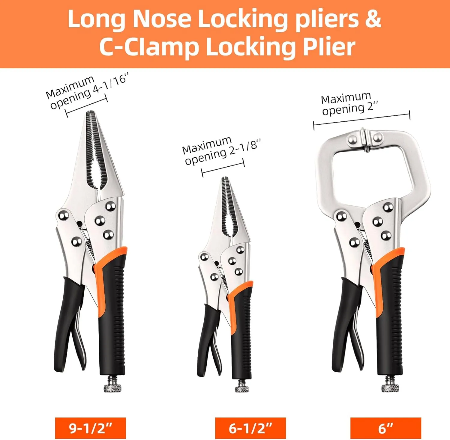 Locking Pliers Set,6-Pack Vice Grips,5"/7"/10"Curved Jaw Locking Pliers,6-1/2"& 9-1/2" Needle Nose Vise Grips and 6" C-Clamp for welding,Metal Bending,Woodworking