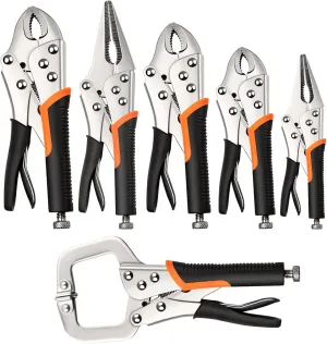 Locking Pliers Set,6-Pack Vice Grips,5"/7"/10"Curved Jaw Locking Pliers,6-1/2"& 9-1/2" Needle Nose Vise Grips and 6" C-Clamp for welding,Metal Bending,Woodworking