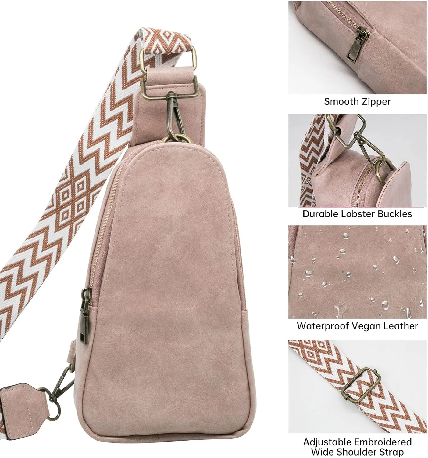 Long Keeper Sling Chest Bag for Women PU Leather Satchel Daypack Traveling Crossbody Bag With Bohemia Adjustable Strap