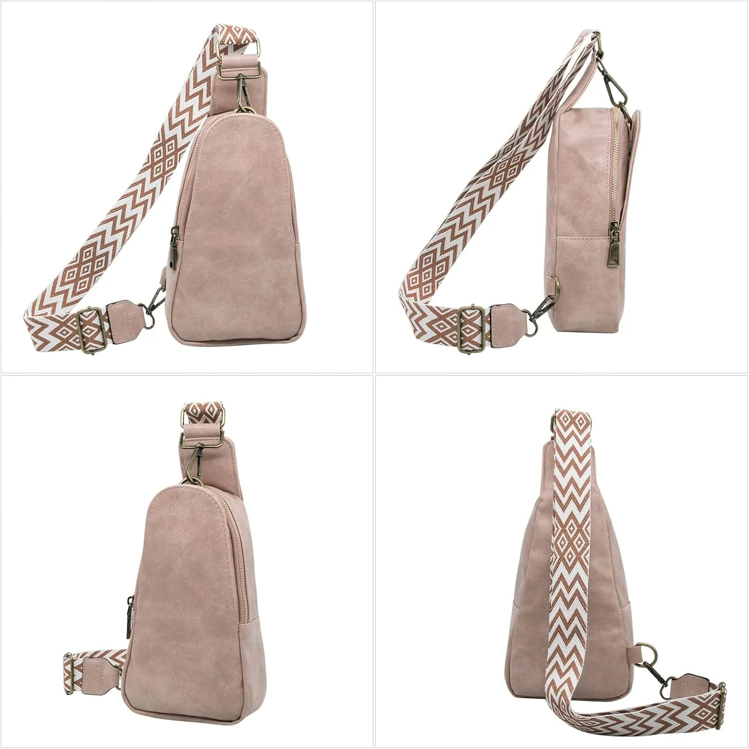 Long Keeper Sling Chest Bag for Women PU Leather Satchel Daypack Traveling Crossbody Bag With Bohemia Adjustable Strap