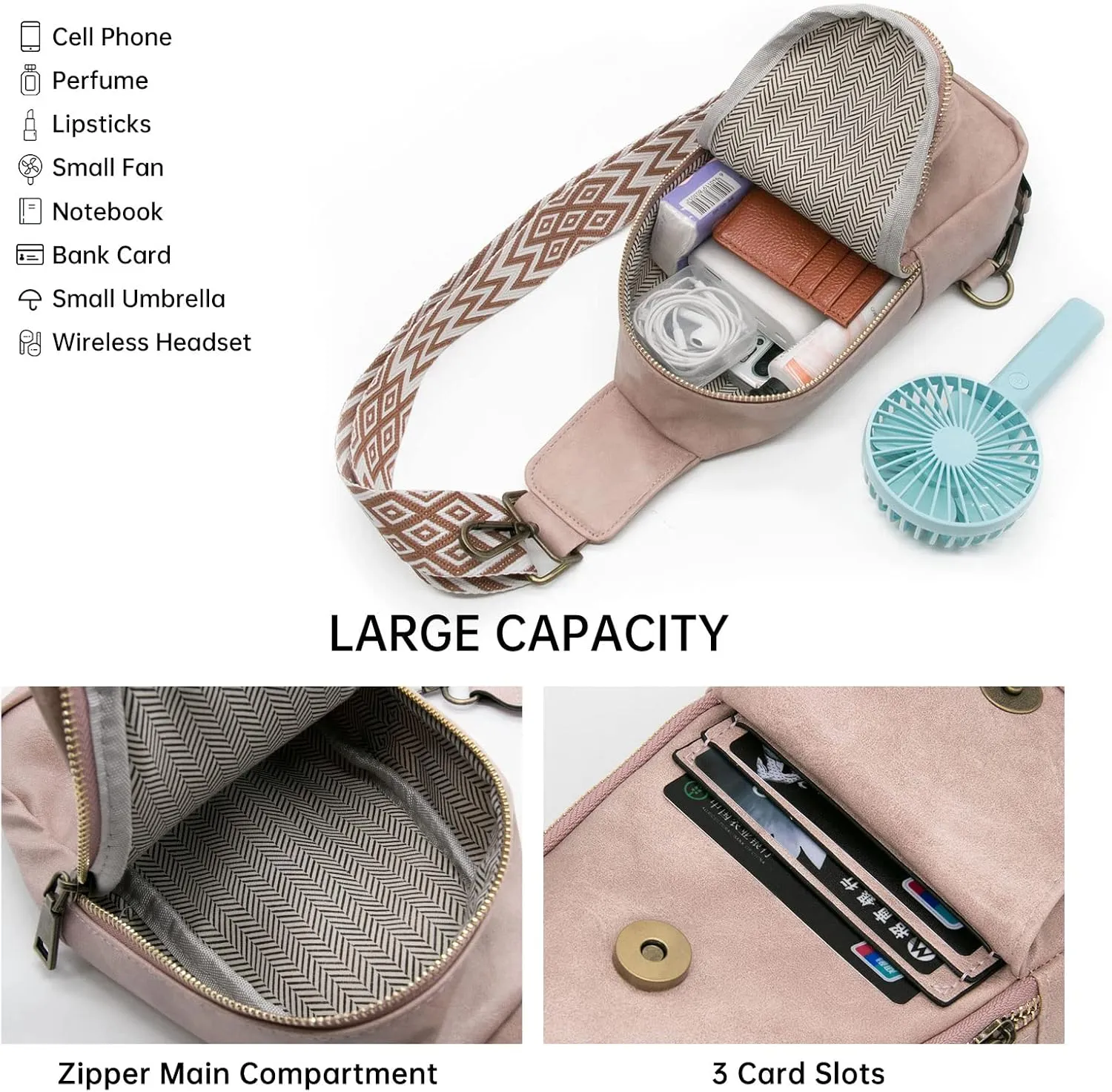 Long Keeper Sling Chest Bag for Women PU Leather Satchel Daypack Traveling Crossbody Bag With Bohemia Adjustable Strap