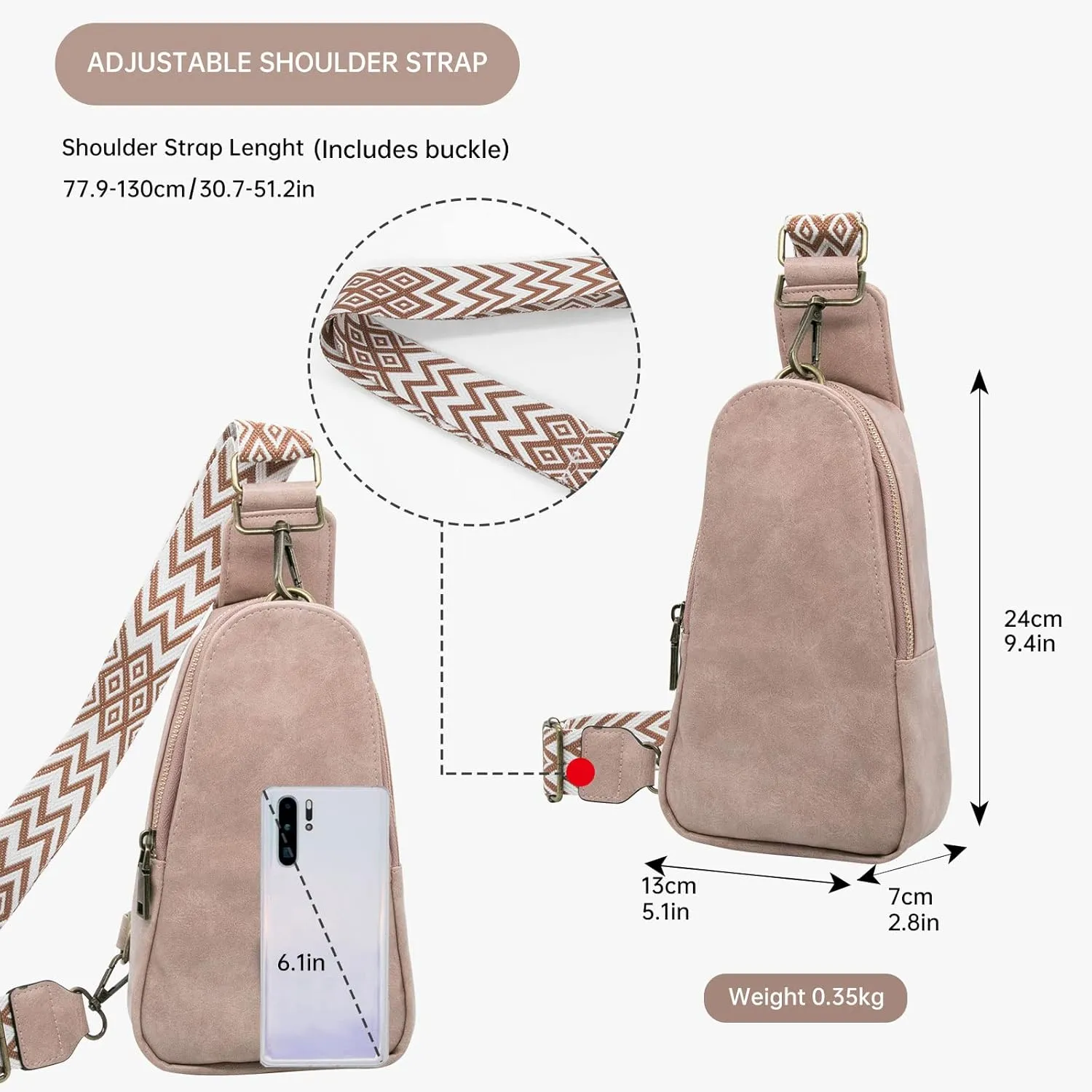 Long Keeper Sling Chest Bag for Women PU Leather Satchel Daypack Traveling Crossbody Bag With Bohemia Adjustable Strap